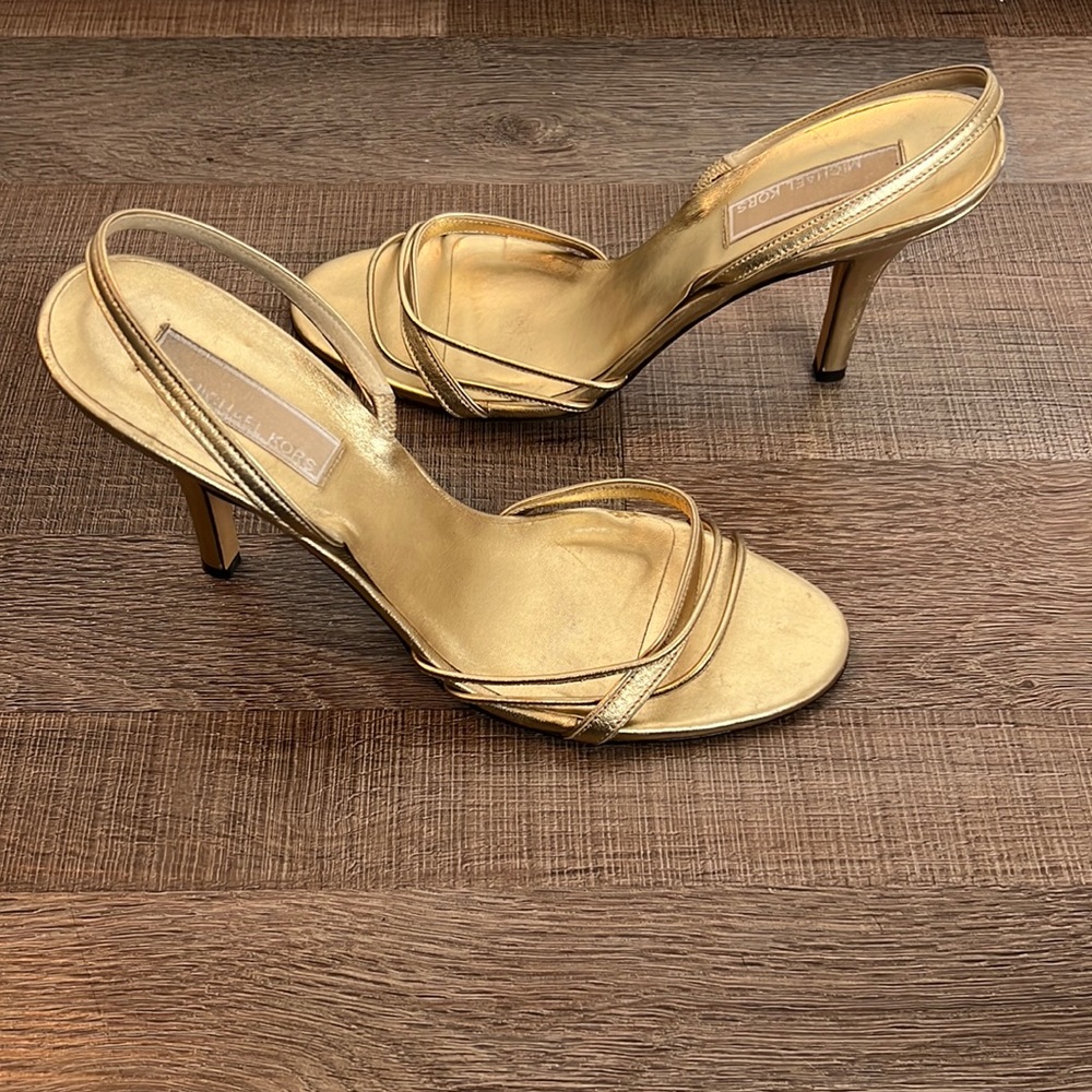 Michael Kors Gold Metallic Sandal Slingback Heels - Picture 2 of 12